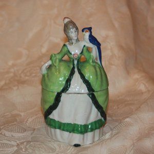 ANTIQUE POWDER JAR VICTORIAN LADY HALF DOLL  ART DECO PORCELAIN TRINKET BOX